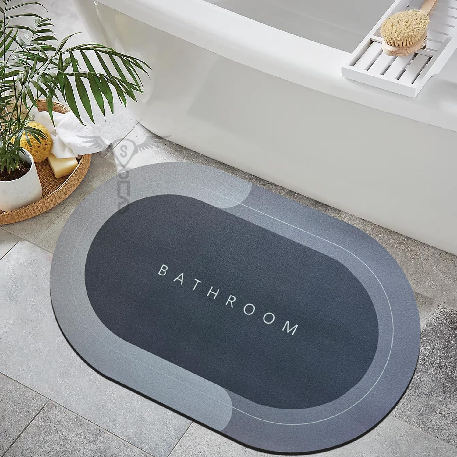 Sittella Rubber 3 Pieces (3.5Mm) Anti-Skid Water Soaking Bathroom Print Oval Door Mat, Water Absorbent Mat (40X60Cm) Grey